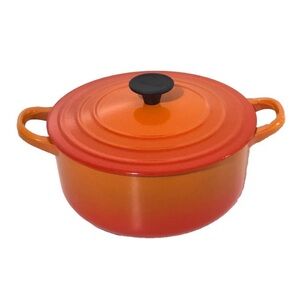 Vintage Le Creuset Cousances Cast Iron “C” Round Dutch Oven W/Lid Flame Orange